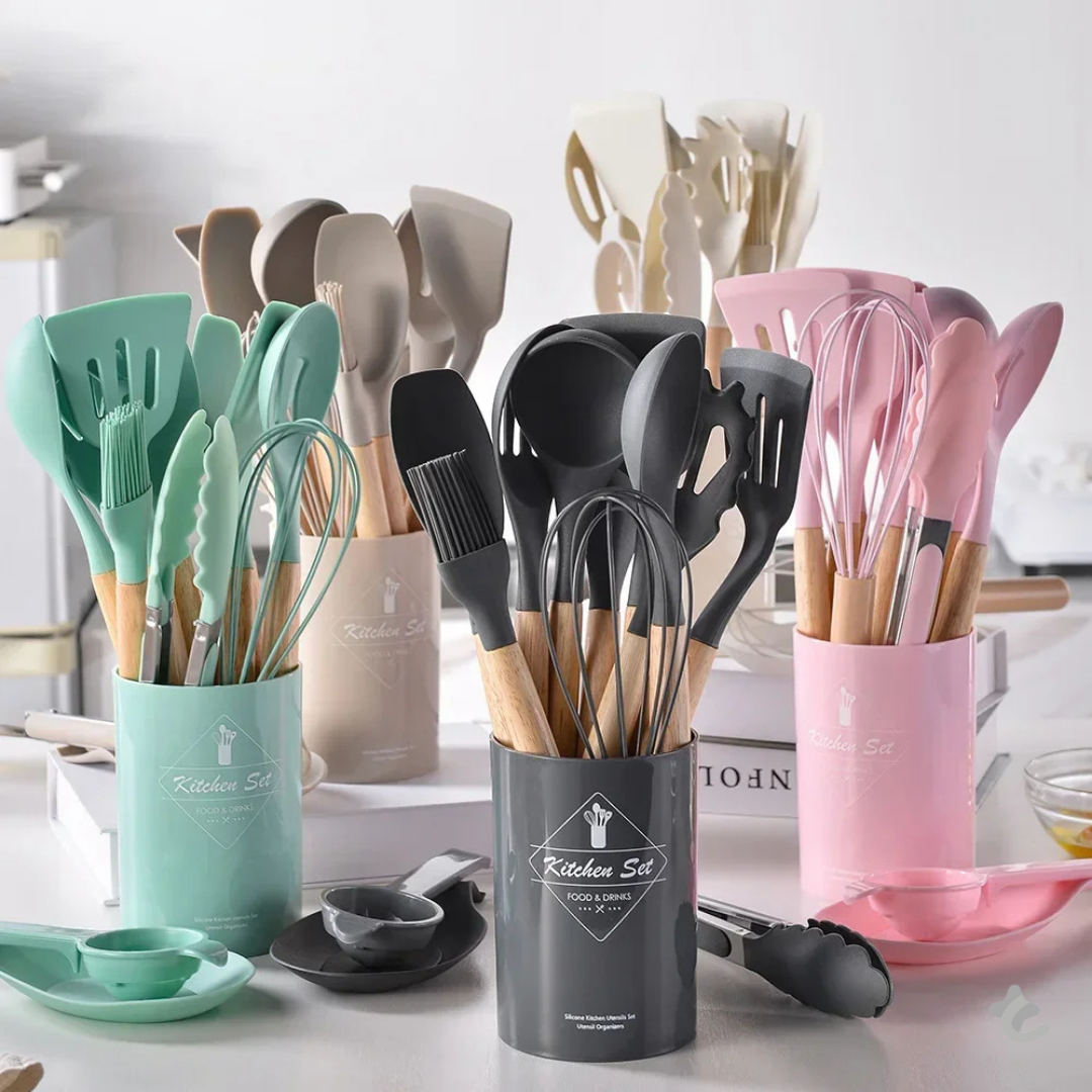 Kit Utensílios de Cozinha 12 Peças Silicone com Organizador Delicate